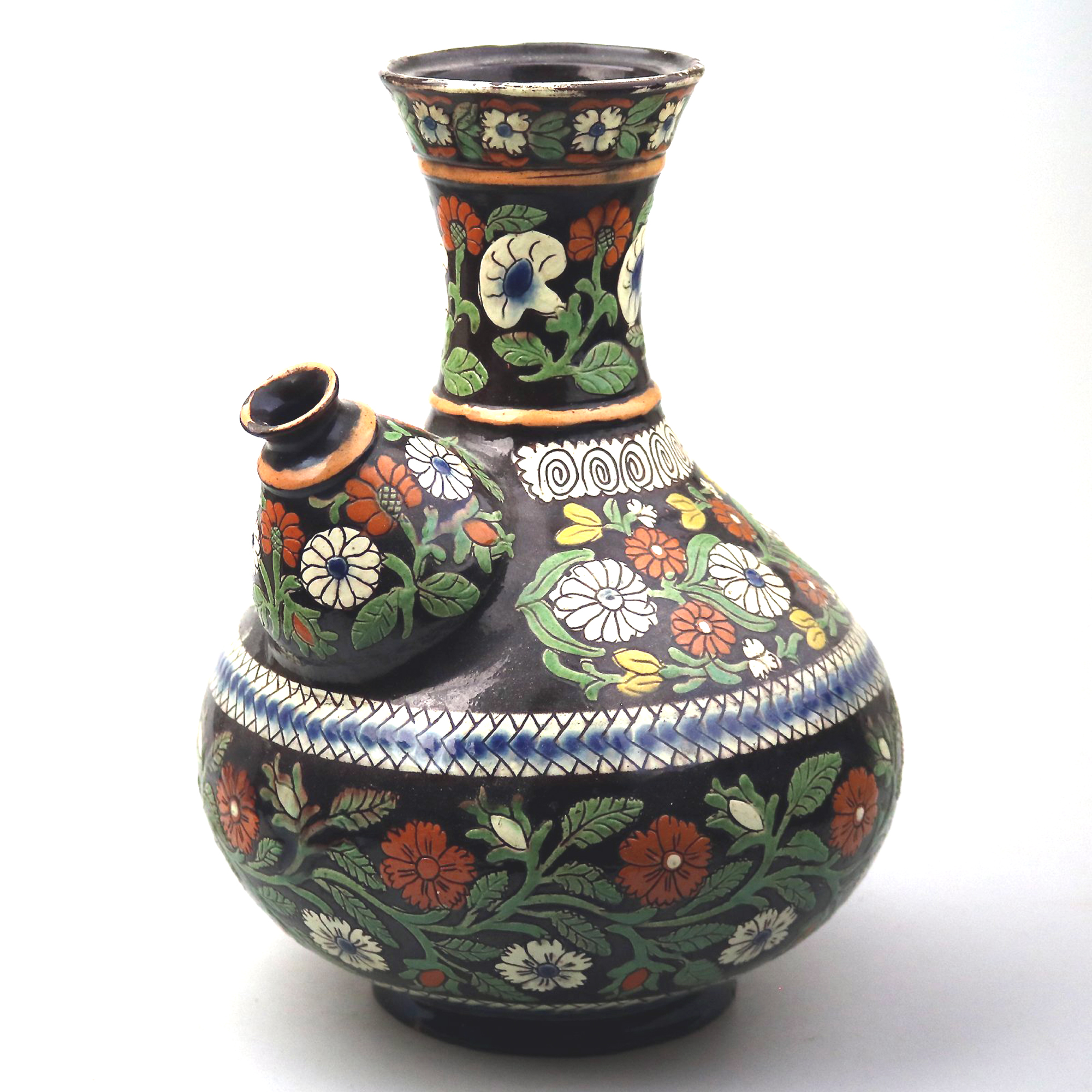 A large antique Swiss Alpine Thoune (Thun) Majolica pottery Wine Pitcher C.19thC