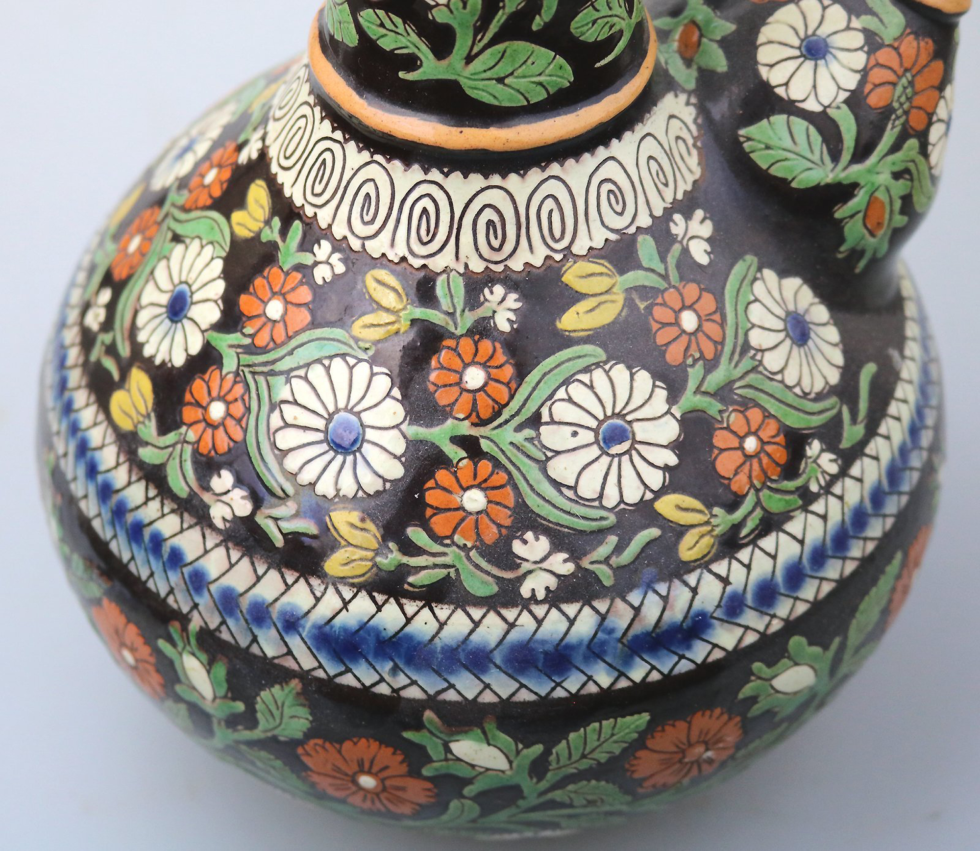 A large antique Swiss Alpine Thoune (Thun) Majolica pottery Wine Pitcher C.19thC