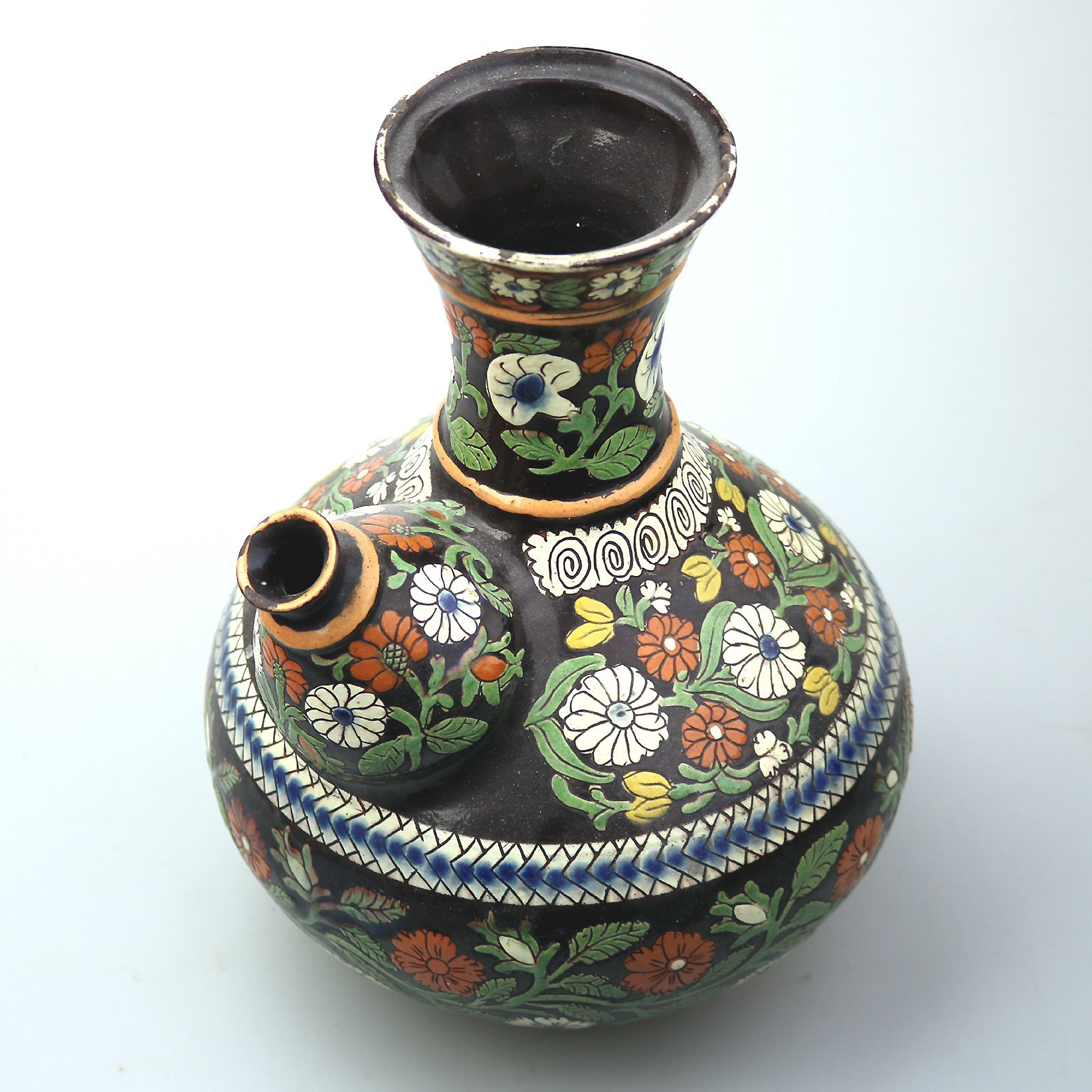 A large antique Swiss Alpine Thoune (Thun) Majolica pottery Wine Pitcher C.19thC