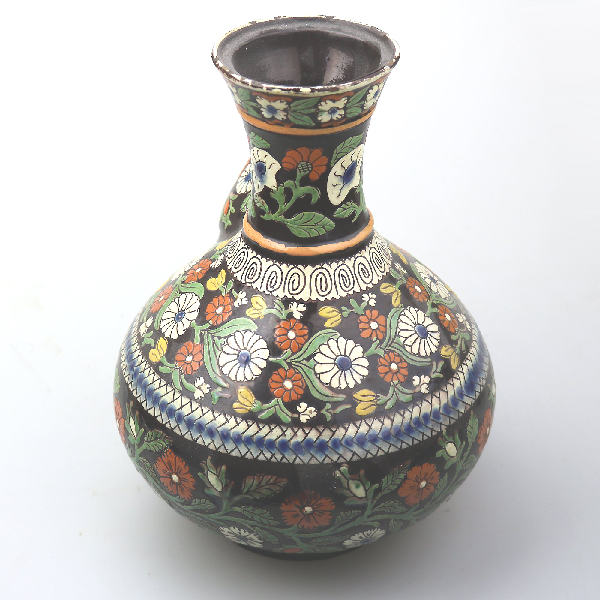 A large antique Swiss Alpine Thoune (Thun) Majolica pottery Wine Pitcher C.19thC