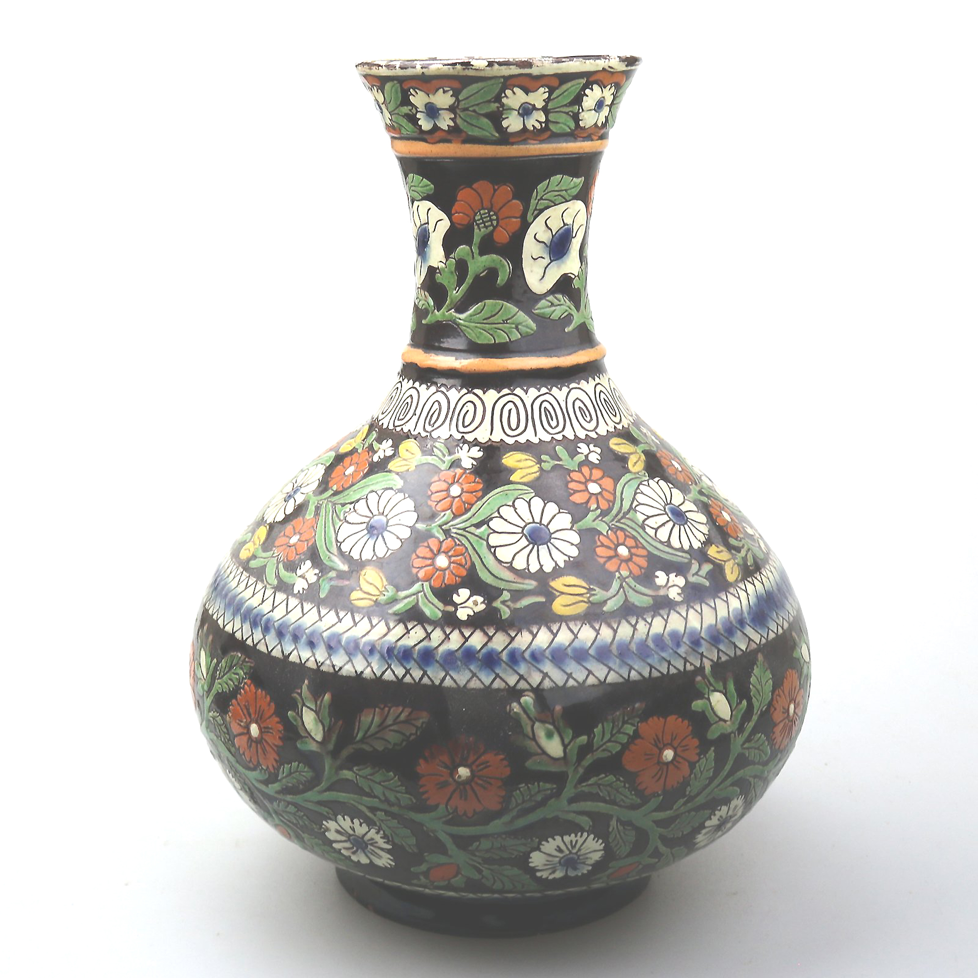 A large antique Swiss Alpine Thoune (Thun) Majolica pottery Wine Pitcher C.19thC