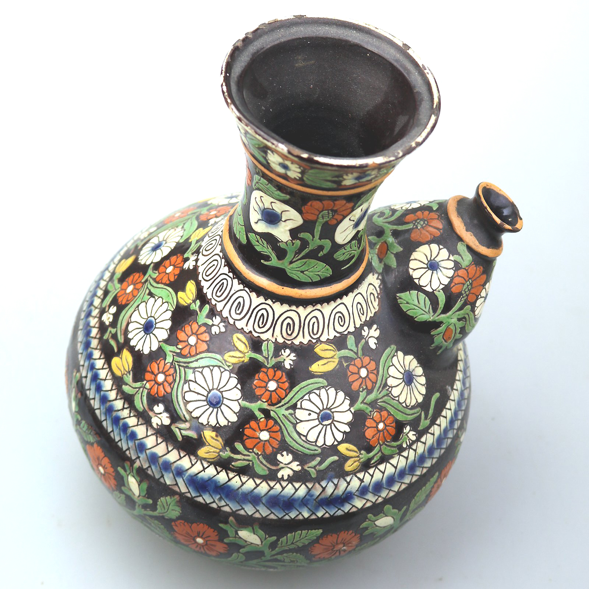 A large antique Swiss Alpine Thoune (Thun) Majolica pottery Wine Pitcher C.19thC