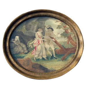 A very fine and large antique Georgian silk allegorical scene framed embroidery with watercolour features C.18thC