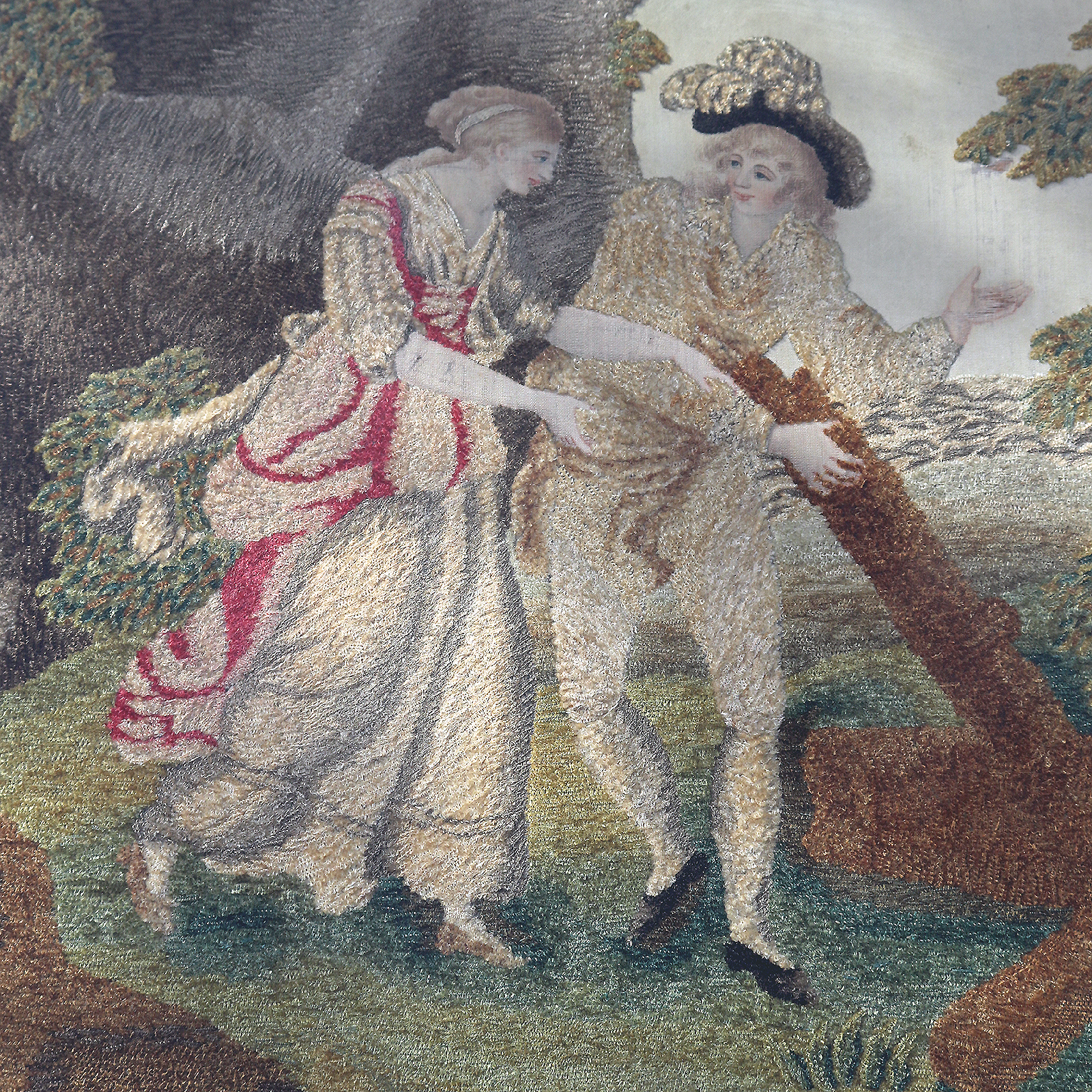 A very fine and large antique Georgian silk allegorical scene framed embroidery with watercolour features C.18thC