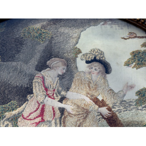 A very fine and large antique Georgian silk allegorical scene framed embroidery with watercolour features C.18thC