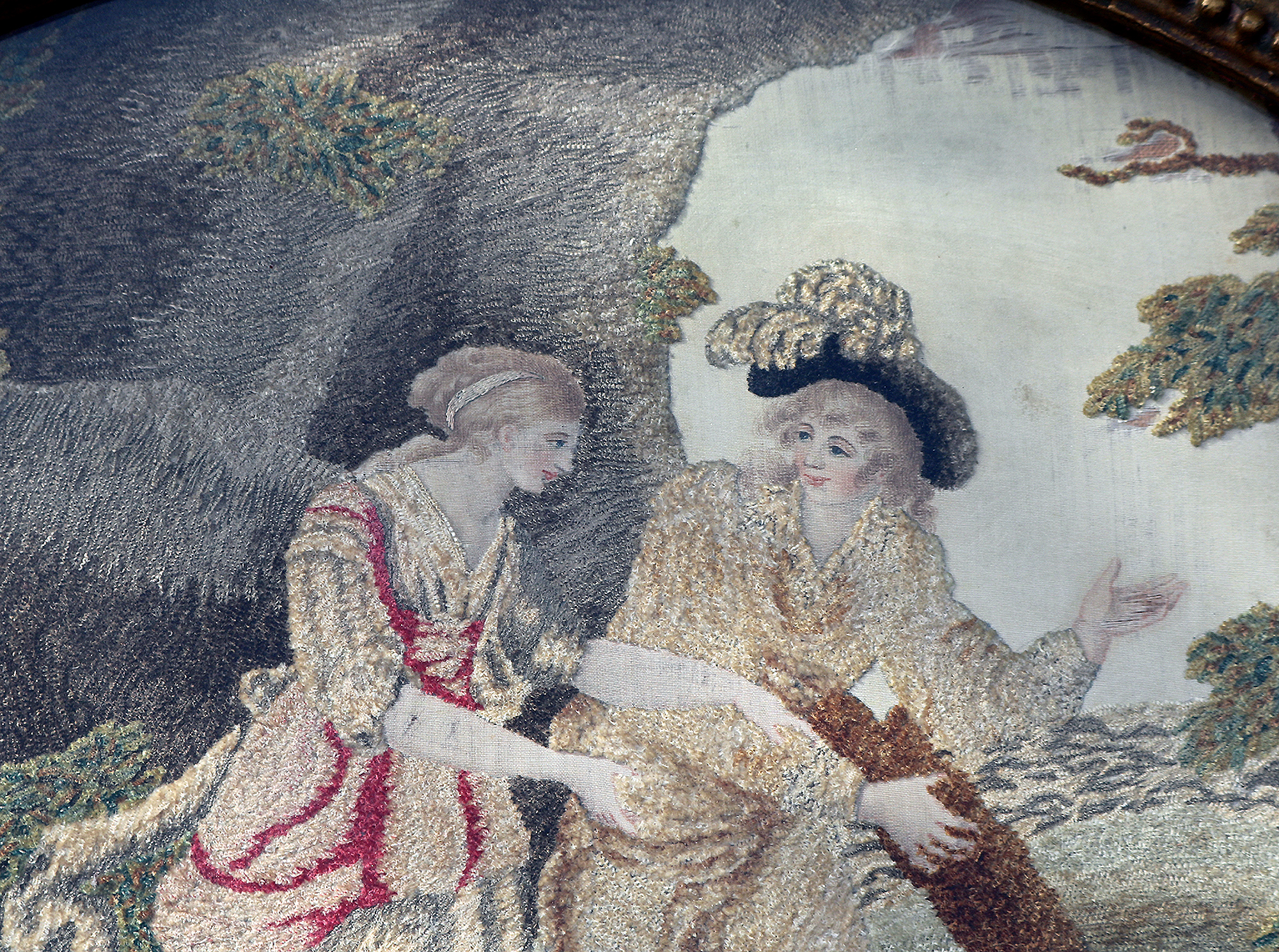 A very fine and large antique Georgian silk allegorical scene framed embroidery with watercolour features C.18thC