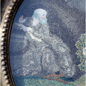 A very fine and large antique Georgian silk allegorical scene framed embroidery with watercolour features C.18thC