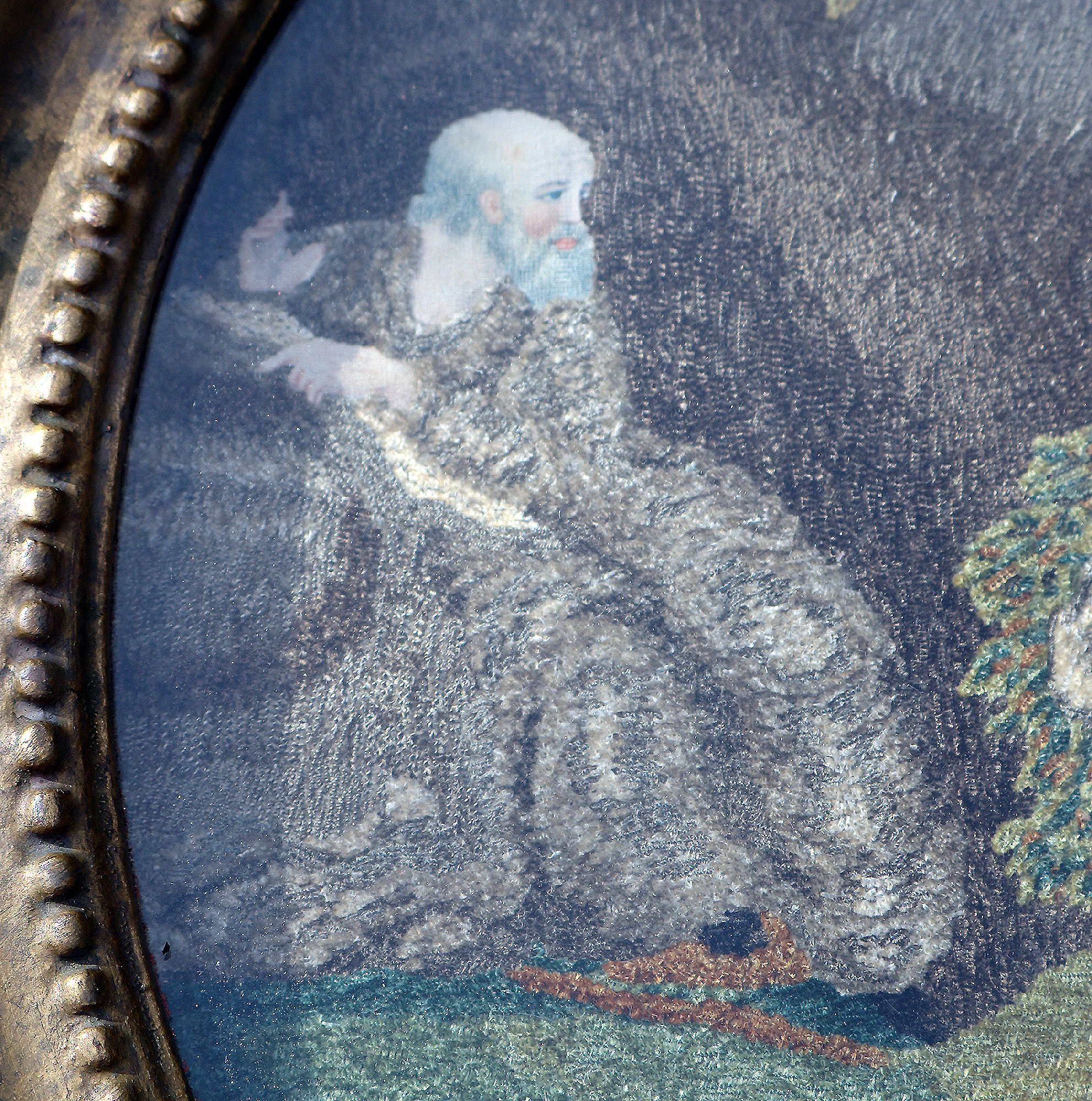 A very fine and large antique Georgian silk allegorical scene framed embroidery with watercolour features C.18thC