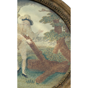 A very fine and large antique Georgian silk allegorical scene framed embroidery with watercolour features C.18thC