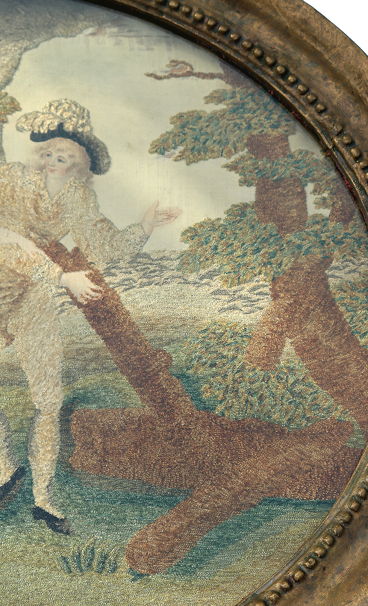 A very fine and large antique Georgian silk allegorical scene framed embroidery with watercolour features C.18thC