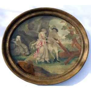 A very fine and large antique Georgian silk allegorical scene framed embroidery with watercolour features C.18thC