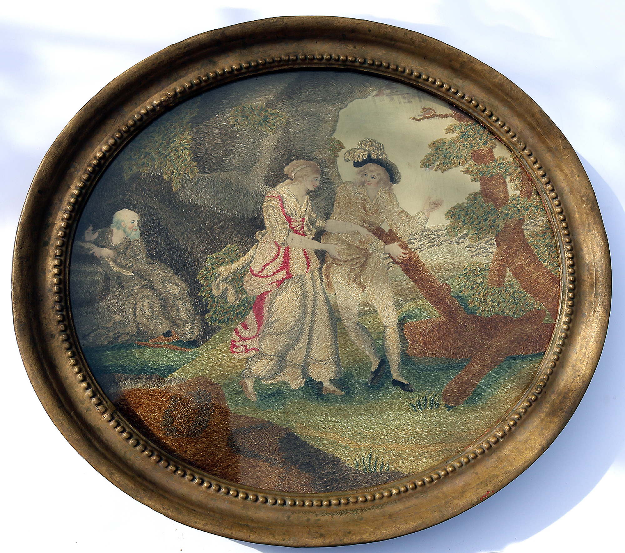 A very fine and large antique Georgian silk allegorical scene framed embroidery with watercolour features C.18thC