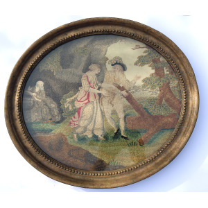A very fine and large antique Georgian silk allegorical scene framed embroidery with watercolour features C.18thC