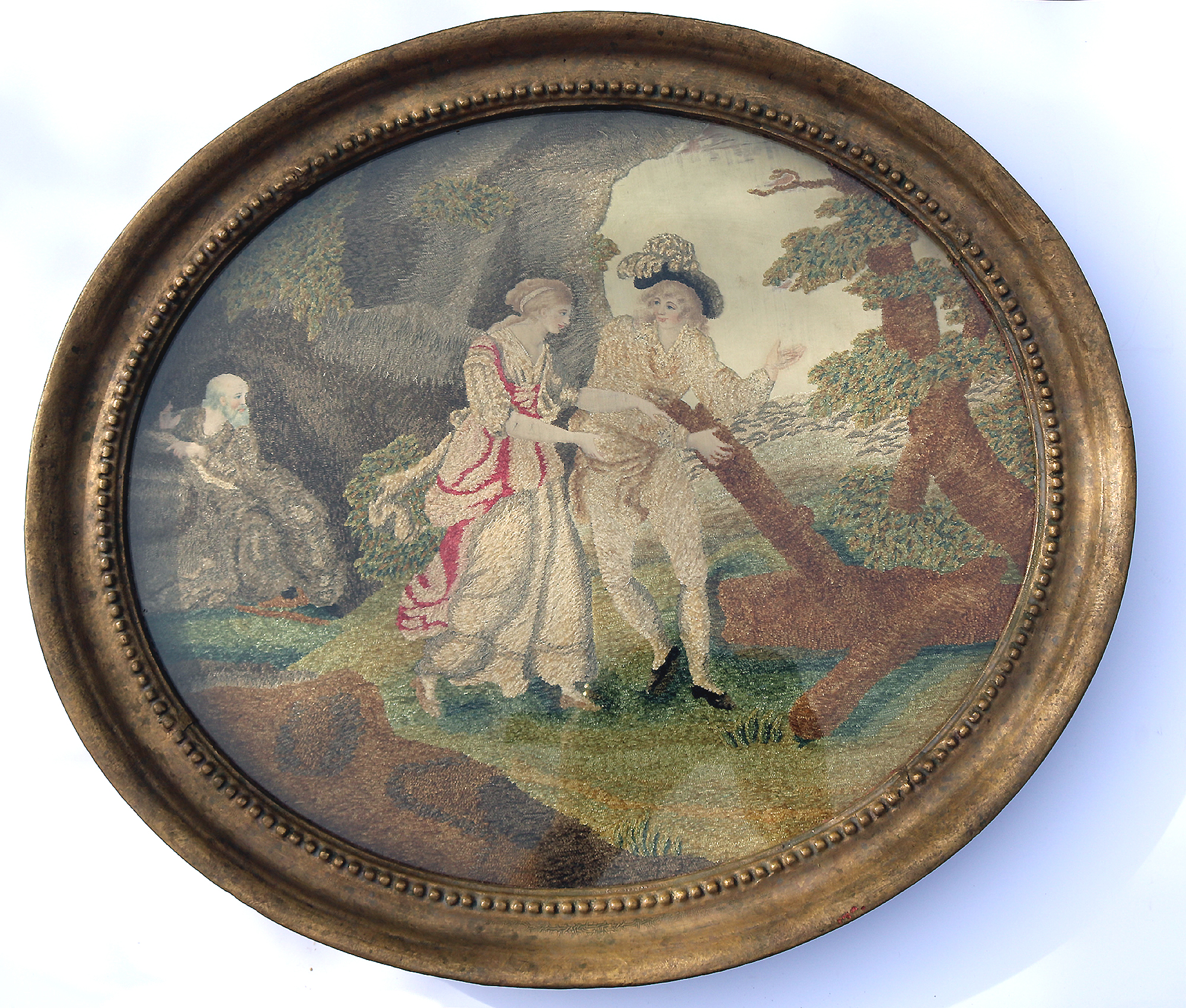 A very fine and large antique Georgian silk allegorical scene framed embroidery with watercolour features C.18thC