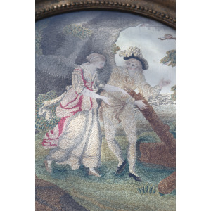 A very fine and large antique Georgian silk allegorical scene framed embroidery with watercolour features C.18thC
