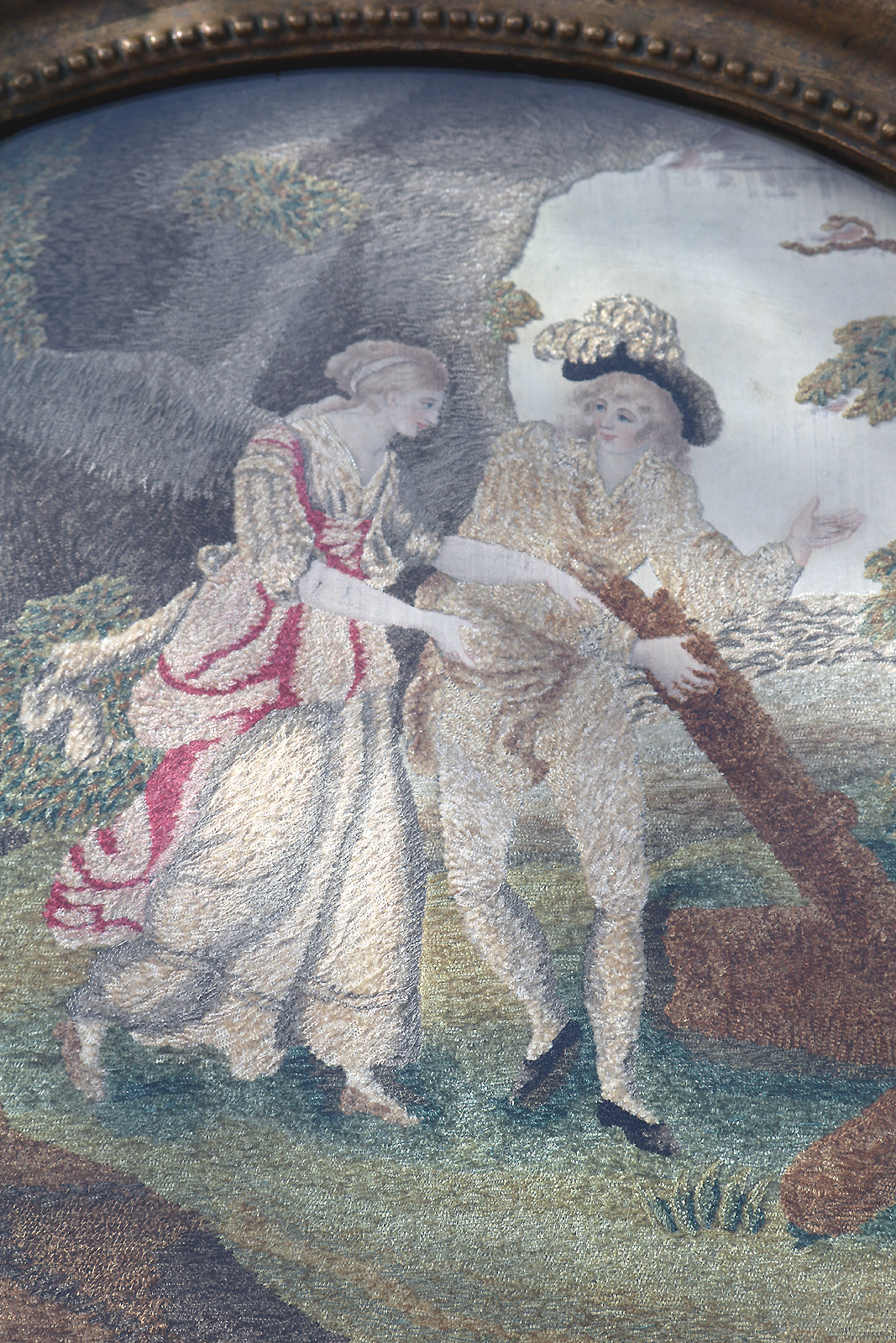 A very fine and large antique Georgian silk allegorical scene framed embroidery with watercolour features C.18thC