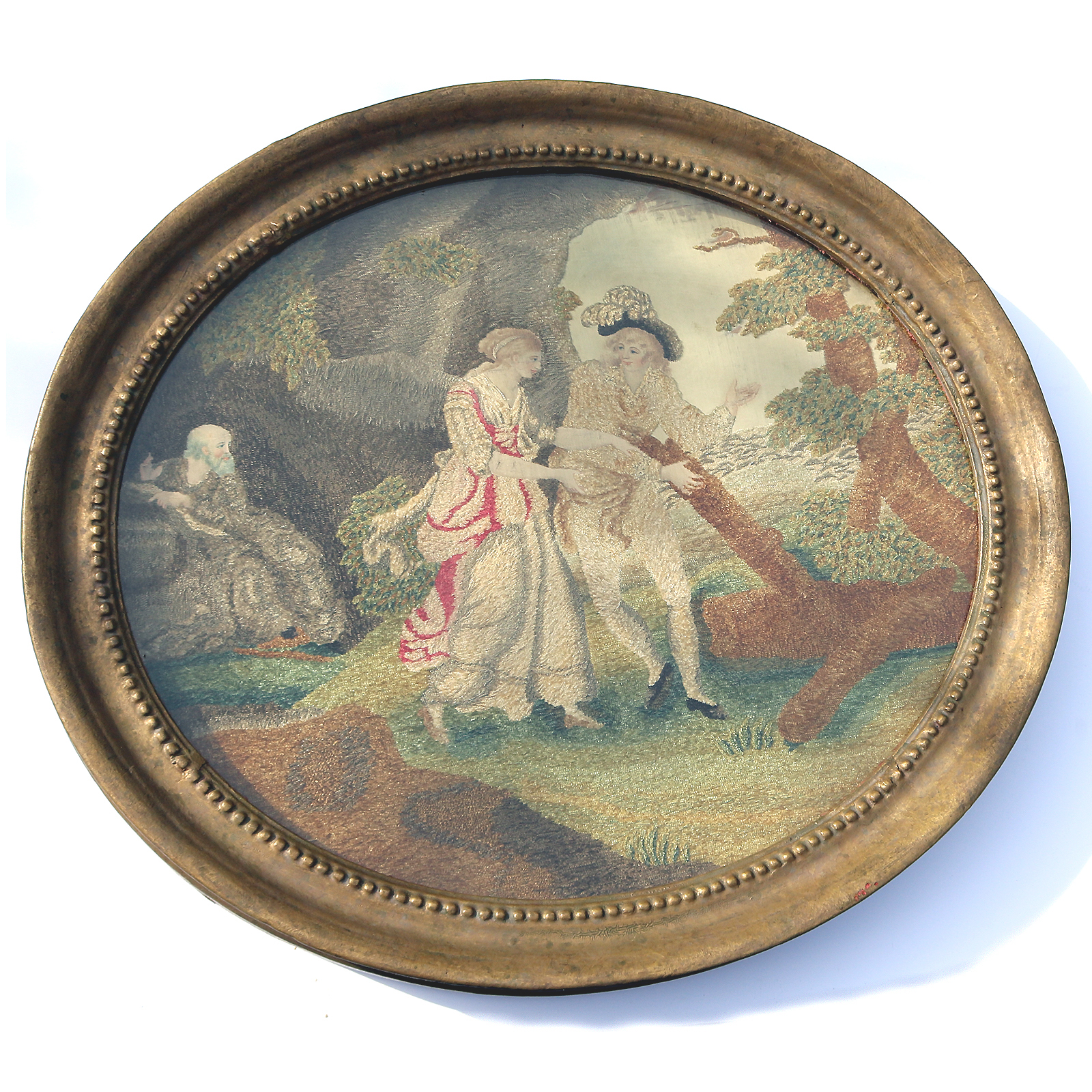 A very fine and large antique Georgian silk allegorical scene framed embroidery with watercolour features C.18thC