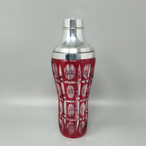 1960s Gorgeous Red Bohemian Cut Crystal Glass Cocktail Shaker With Ice Bucket. Made in Italy
