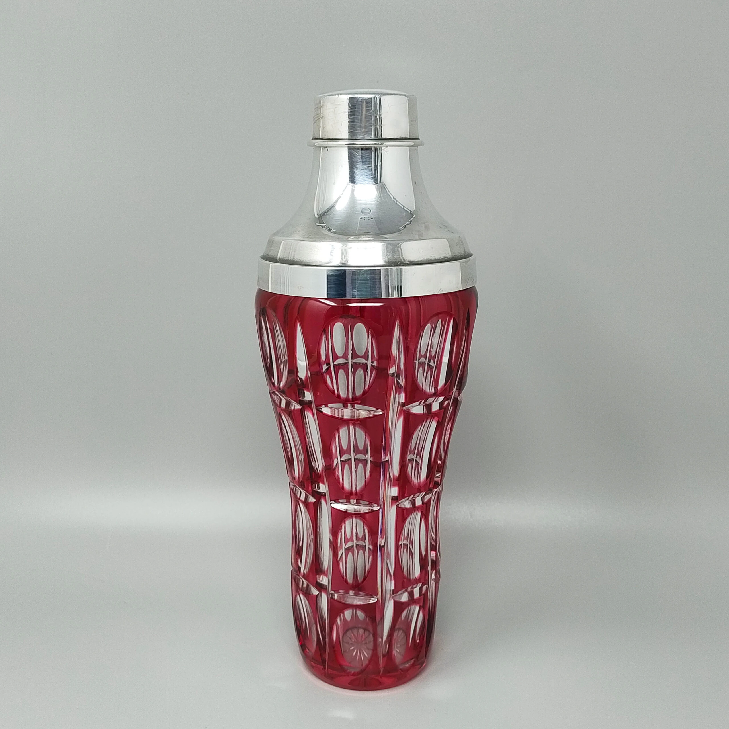 1960s Gorgeous Red Bohemian Cut Crystal Glass Cocktail Shaker With Ice Bucket. Made in Italy