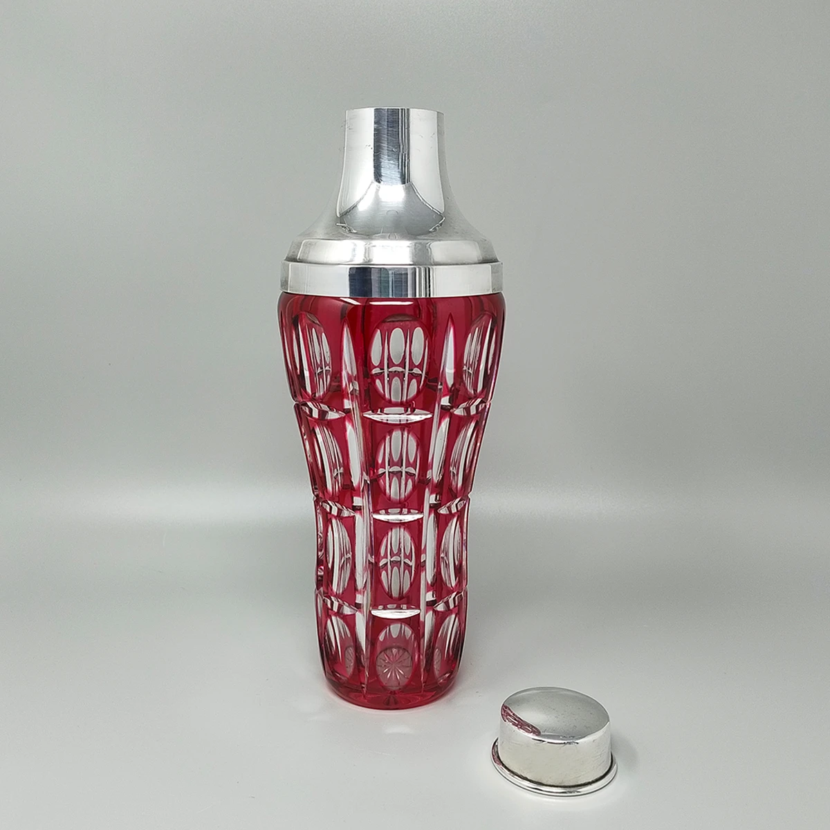 1960s Gorgeous Red Bohemian Cut Crystal Glass Cocktail Shaker With Ice Bucket. Made in Italy