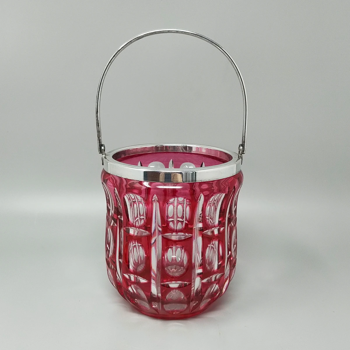 1960s Gorgeous Red Bohemian Cut Crystal Glass Cocktail Shaker With Ice Bucket. Made in Italy