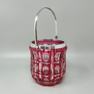 1960s Gorgeous Red Bohemian Cut Crystal Glass Cocktail Shaker With Ice Bucket. Made in Italy