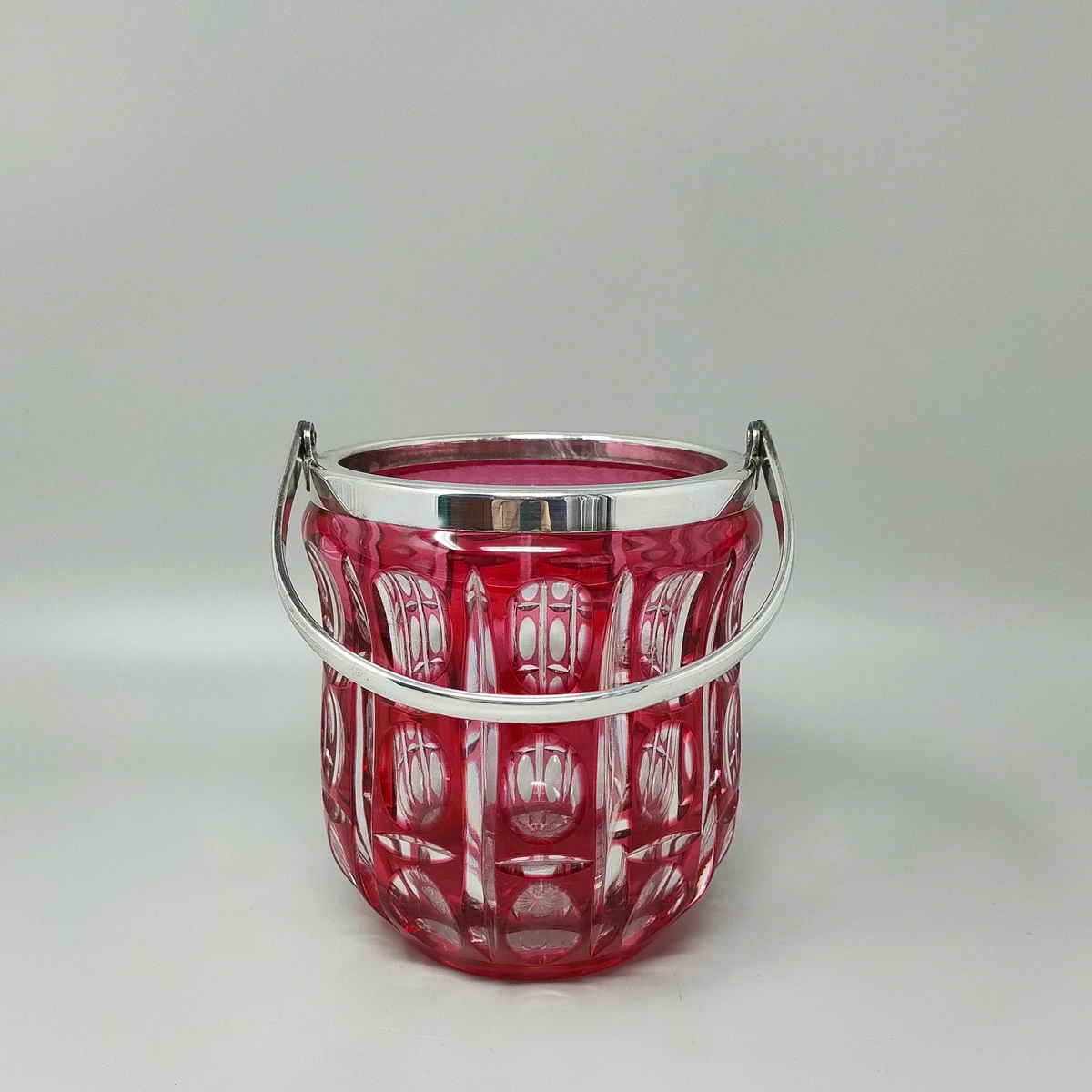 1960s Gorgeous Red Bohemian Cut Crystal Glass Cocktail Shaker With Ice Bucket. Made in Italy