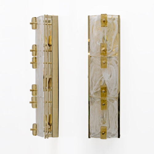 Pair of Modern Sconces in Brass and Milk White Murano Glass and Amber Glass
