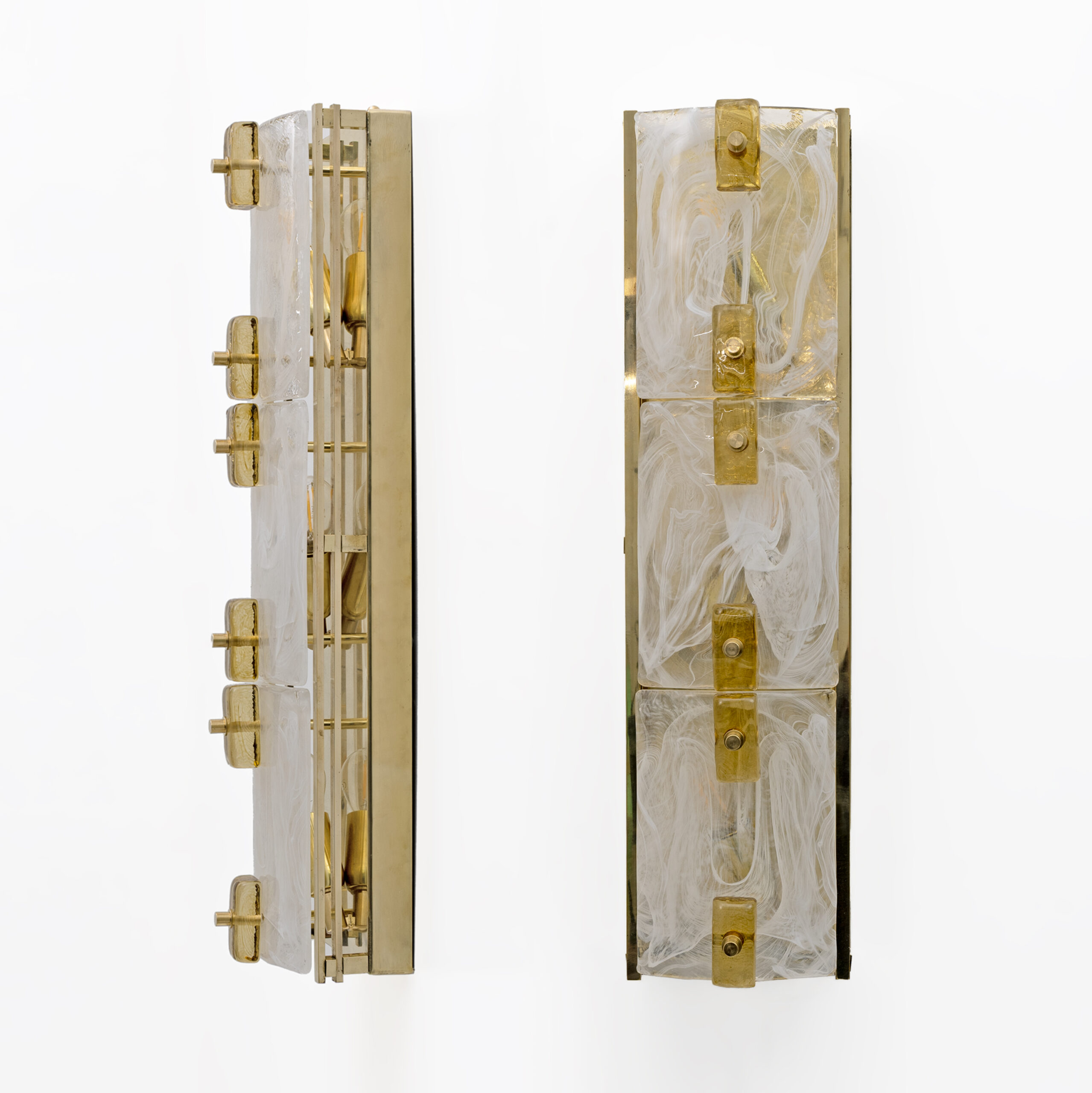 Pair of Modern Sconces in Brass and Milk White Murano Glass and Amber Glass