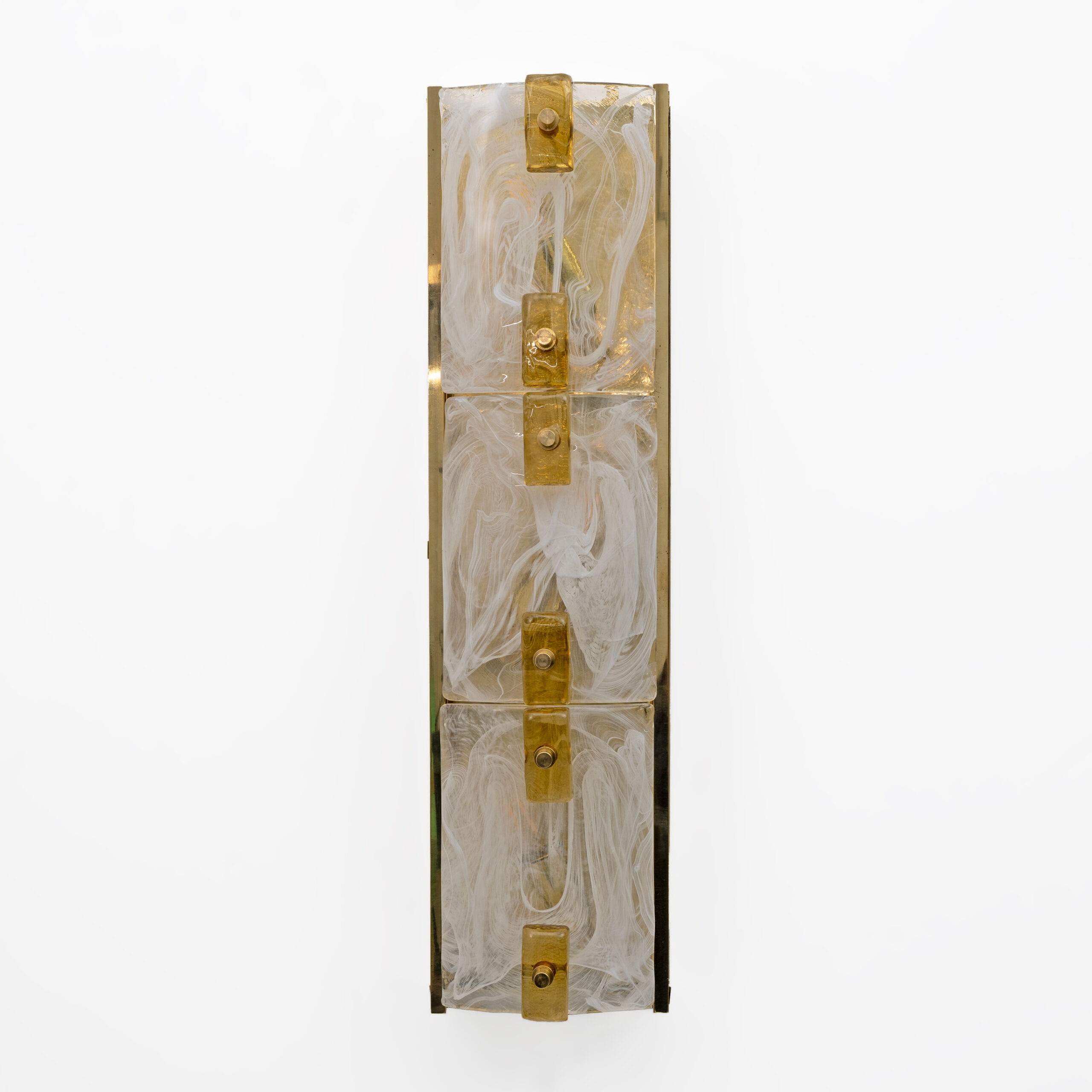 Pair of Modern Sconces in Brass and Milk White Murano Glass and Amber Glass