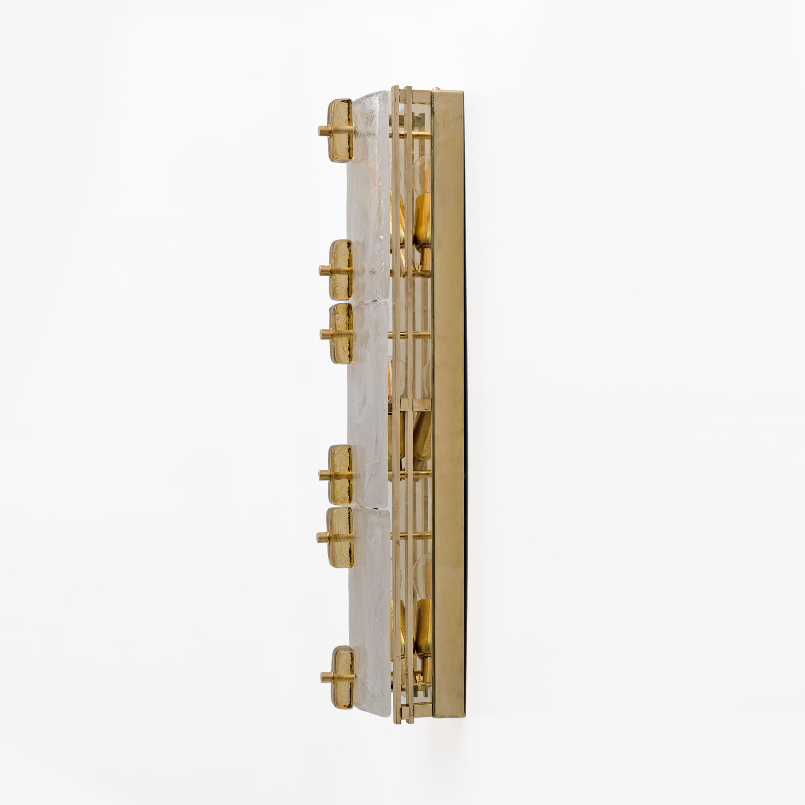 Pair of Modern Sconces in Brass and Milk White Murano Glass and Amber Glass