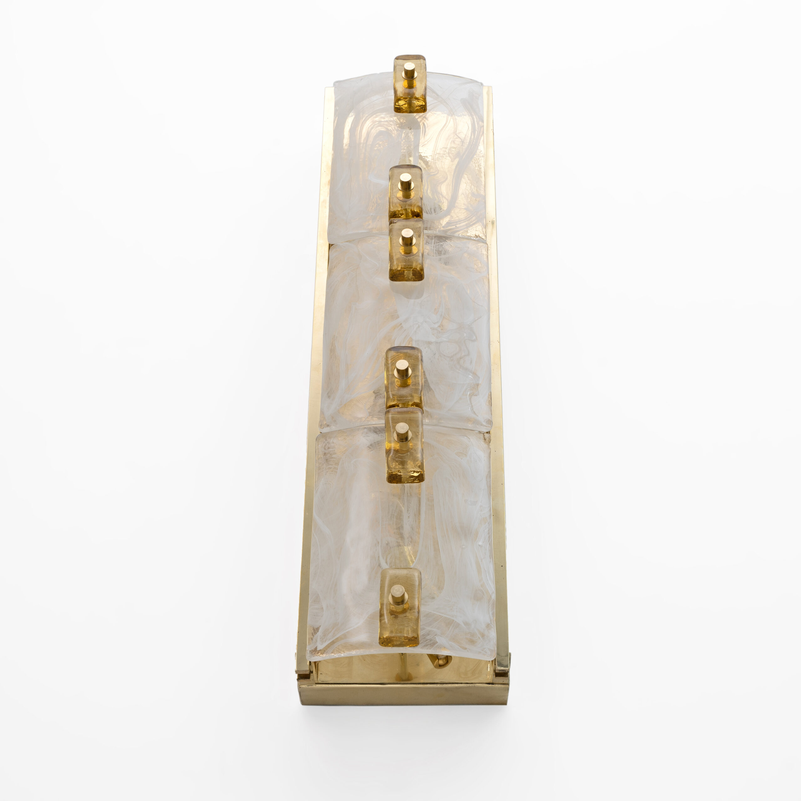 Pair of Modern Sconces in Brass and Milk White Murano Glass and Amber Glass