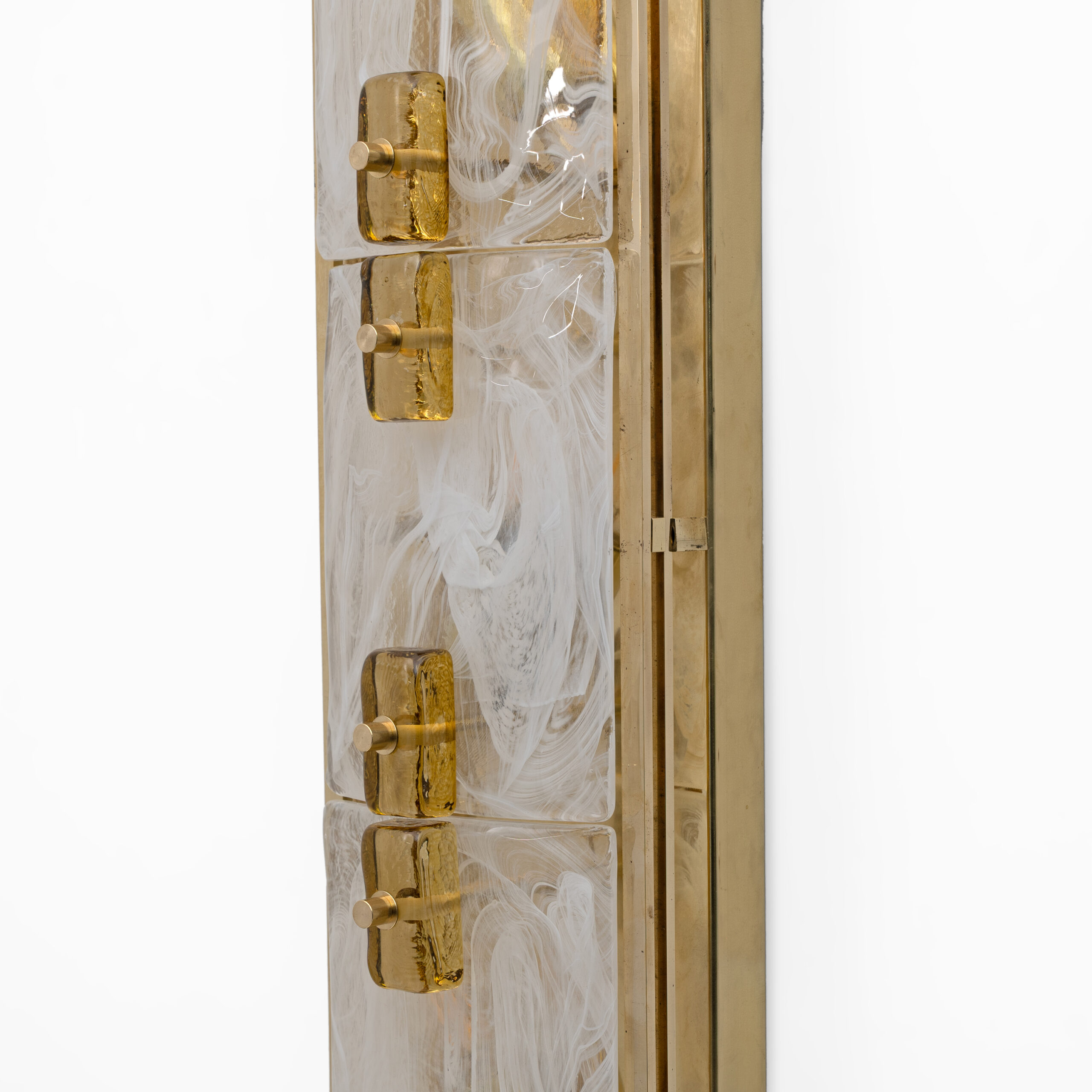 Pair of Modern Sconces in Brass and Milk White Murano Glass and Amber Glass