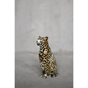 Vintage Mid-Century Italian Modern Ceramic Sculpture of a Seating Leopard, 1970s