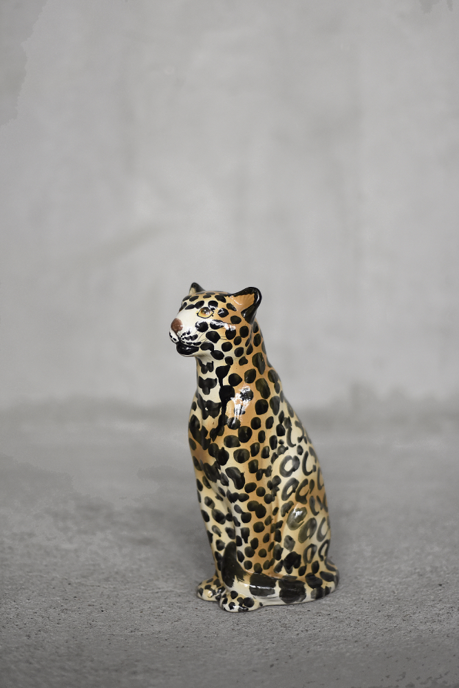 Vintage Mid-Century Italian Modern Ceramic Sculpture of a Seating Leopard, 1970s