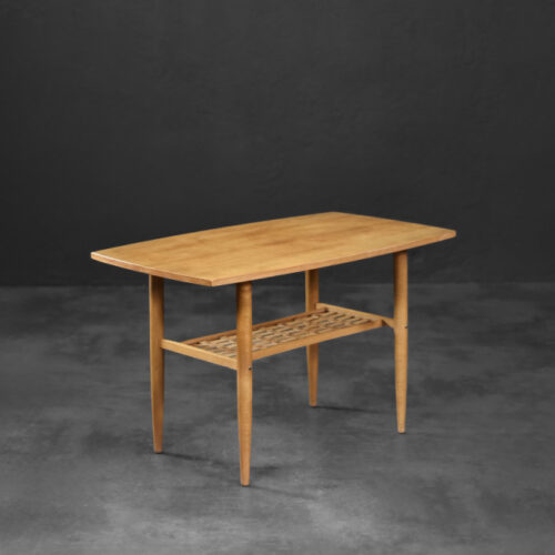 Vintage Mid-Century Modern Scandinavian Cherry Wood Coffee Table with Woven Shelf, 1960s