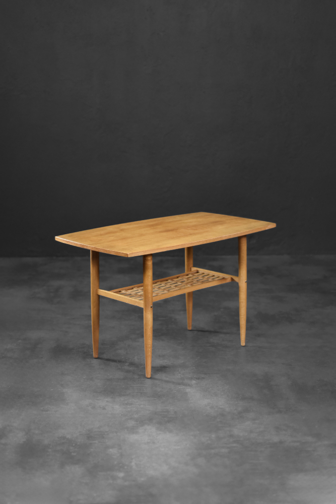 Vintage Mid-Century Modern Scandinavian Cherry Wood Coffee Table with Woven Shelf, 1960s
