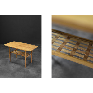 Vintage Mid-Century Modern Scandinavian Cherry Wood Coffee Table with Woven Shelf, 1960s