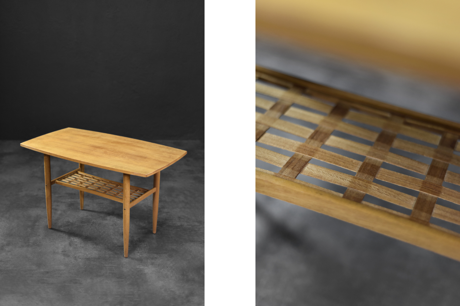 Vintage Mid-Century Modern Scandinavian Cherry Wood Coffee Table with Woven Shelf, 1960s