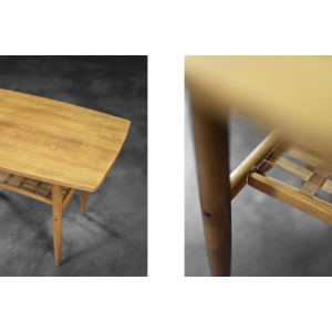 Vintage Mid-Century Modern Scandinavian Cherry Wood Coffee Table with Woven Shelf, 1960s