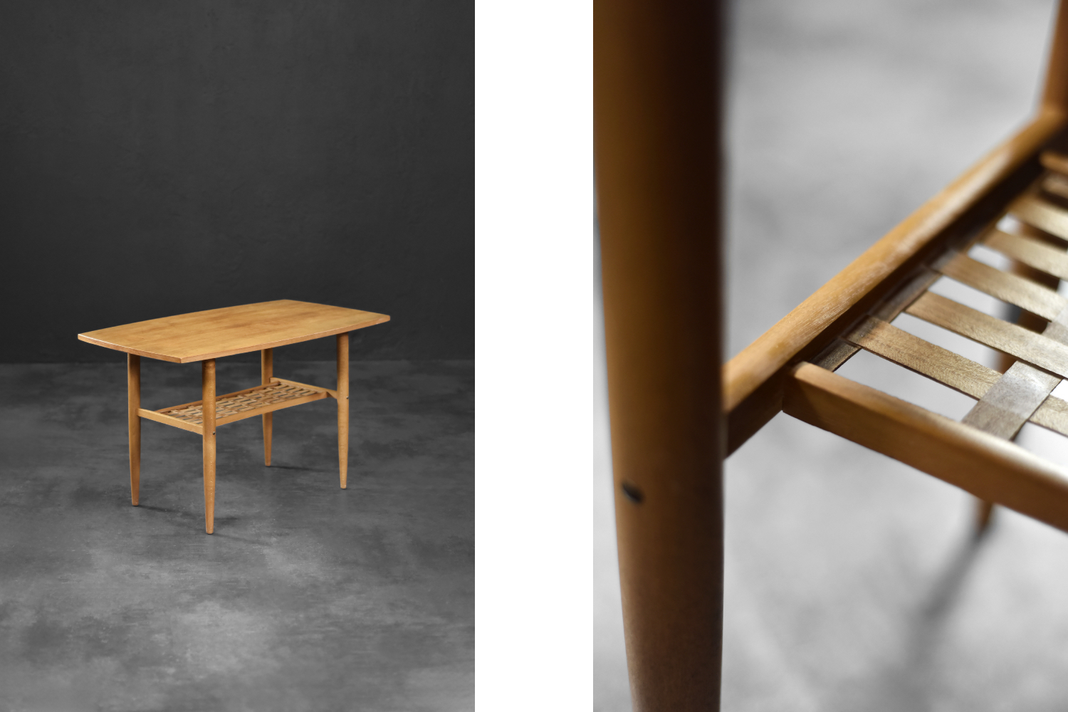 Vintage Mid-Century Modern Scandinavian Cherry Wood Coffee Table with Woven Shelf, 1960s