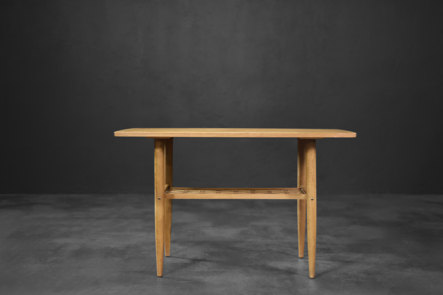 Vintage Mid-Century Modern Scandinavian Cherry Wood Coffee Table with Woven Shelf, 1960s