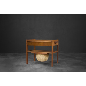 Vintage Mid-Century Danish Modern Teak Thread Side Table with Wicker Basket, 1960s