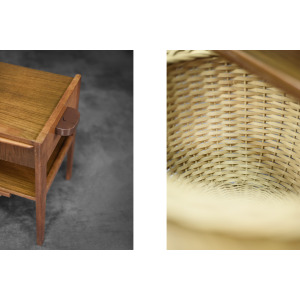 Vintage Mid-Century Danish Modern Teak Thread Side Table with Wicker Basket, 1960s