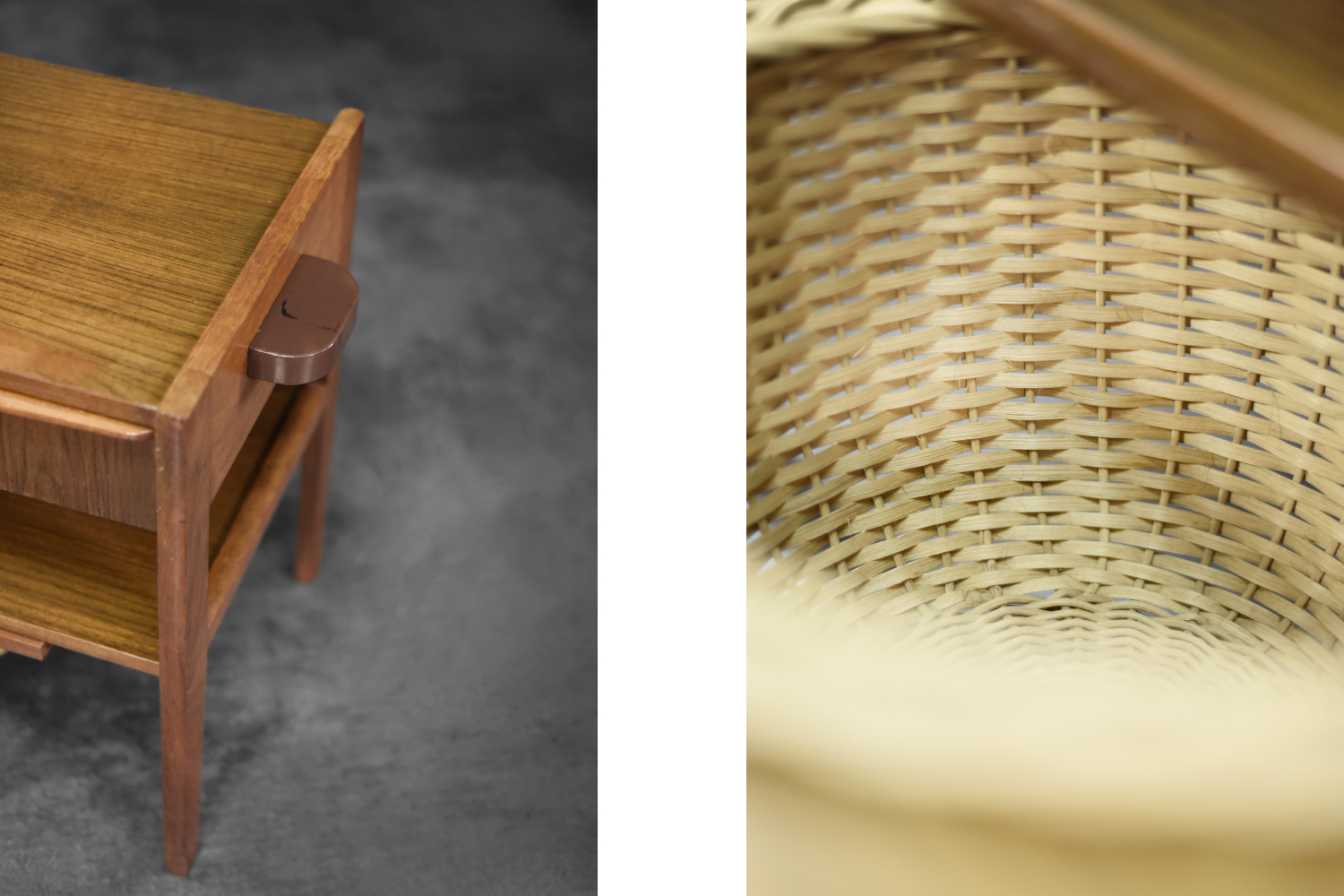 Vintage Mid-Century Danish Modern Teak Thread Side Table with Wicker Basket, 1960s
