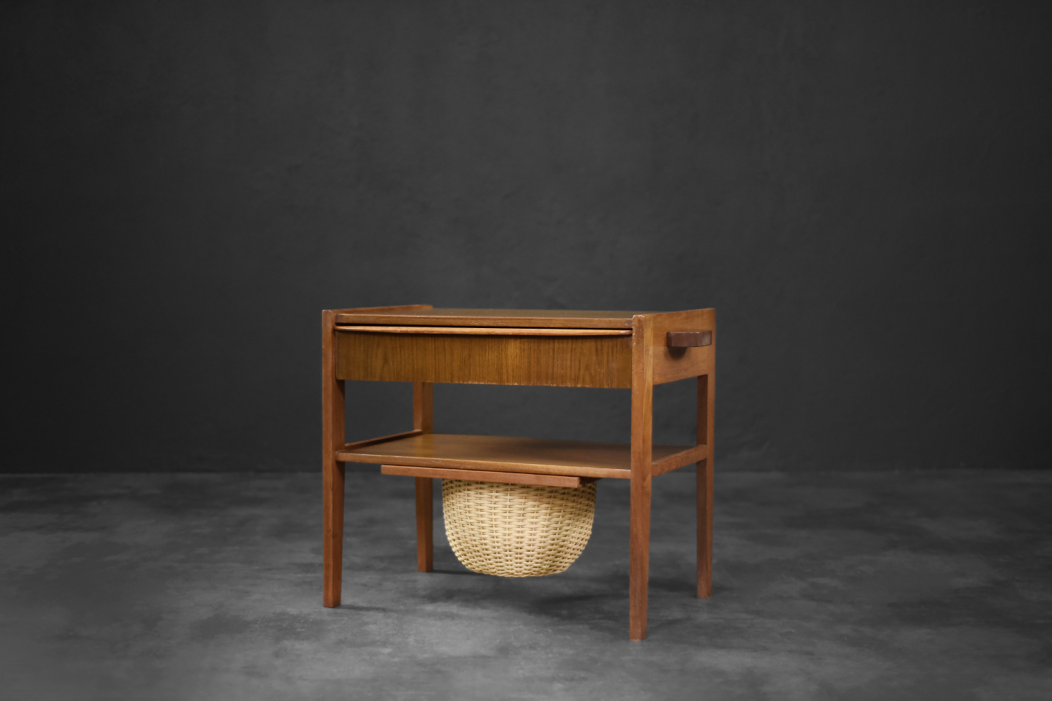 Vintage Mid-Century Danish Modern Teak Thread Side Table with Wicker Basket, 1960s