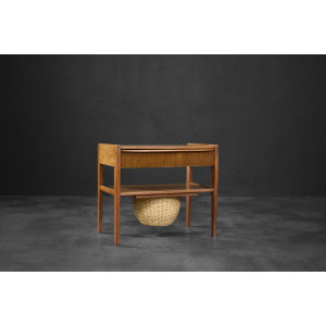 Vintage Mid-Century Danish Modern Teak Thread Side Table with Wicker Basket, 1960s