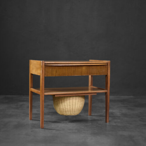 Vintage Mid-Century Danish Modern Teak Thread Side Table with Wicker Basket, 1960s