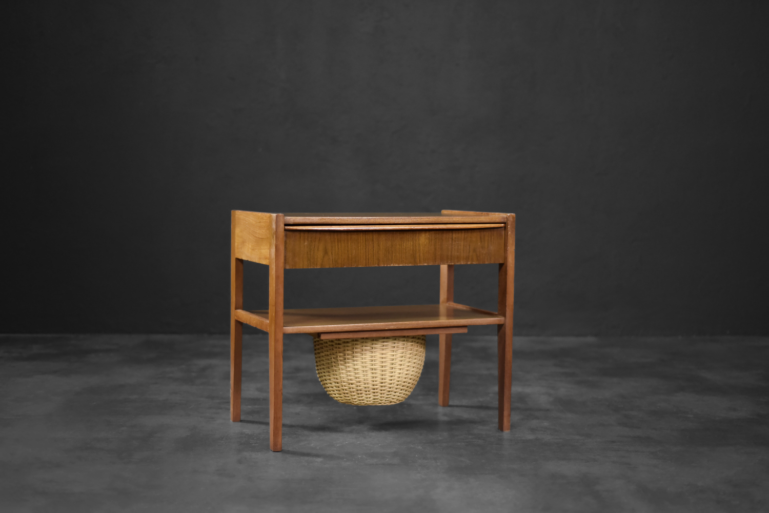 Vintage Mid-Century Danish Modern Teak Thread Side Table with Wicker Basket, 1960s