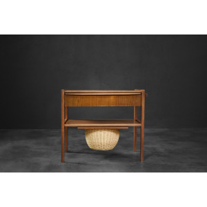 Vintage Mid-Century Danish Modern Teak Thread Side Table with Wicker Basket, 1960s